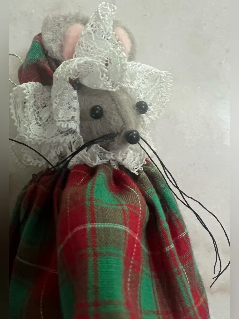 Vintage Cloth Christmas Mouse Plaid Dress & Hat Holiday Decor Ornament